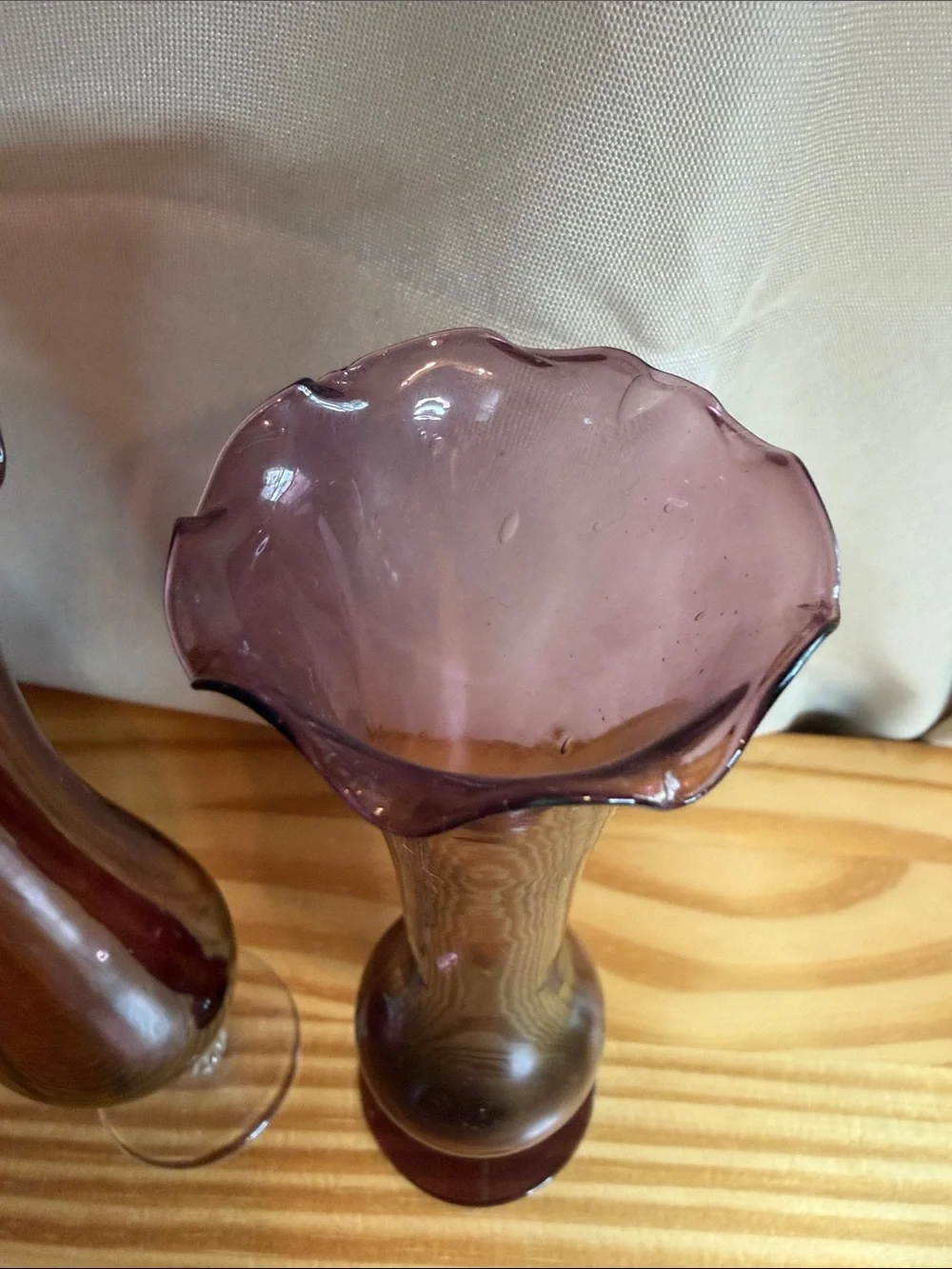 Vintage Amethyst Glass Bud Vases Mismatched Pair Mid Century Modern Ruffled